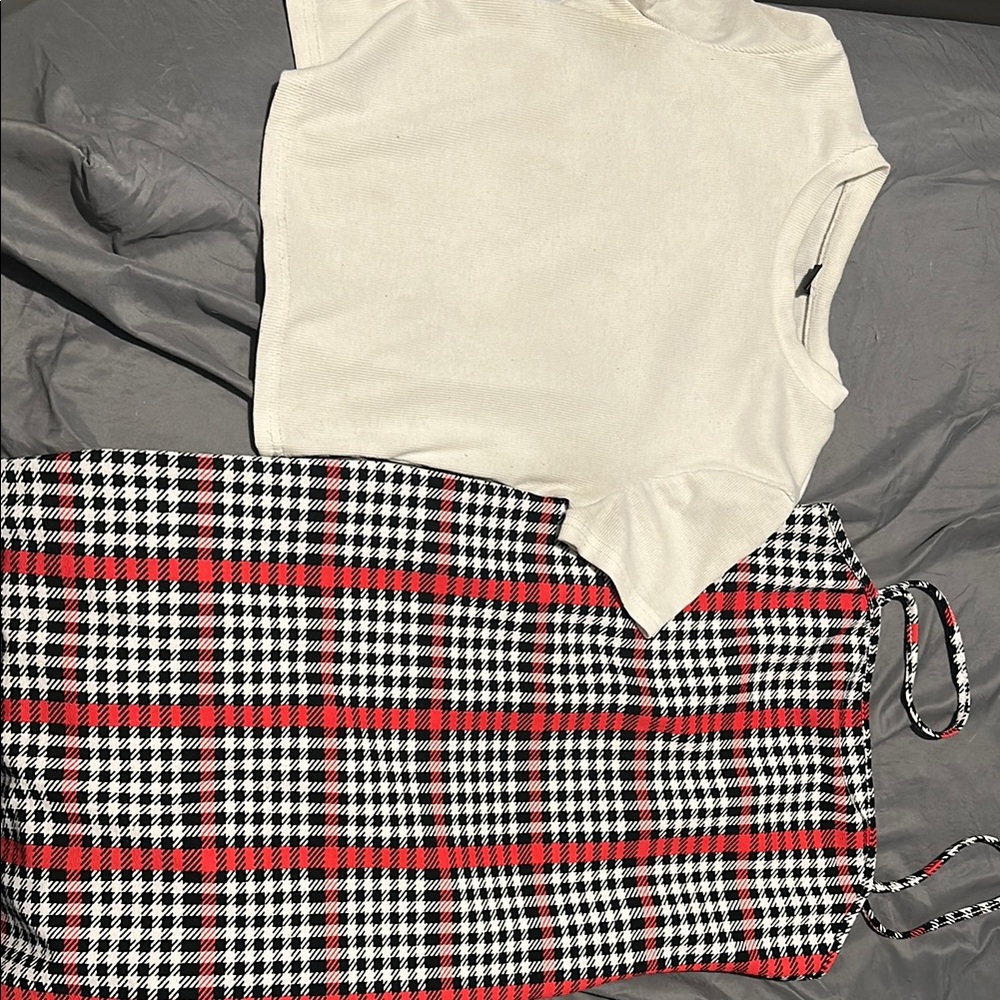Plaid Red and Black Dress with Cream Top